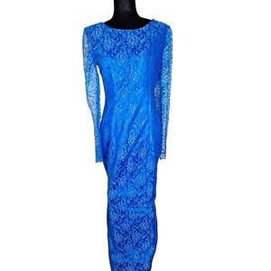 Vintage 70s/80s Blue Lace Sheer Sleeve Maxi Gown Women S/M